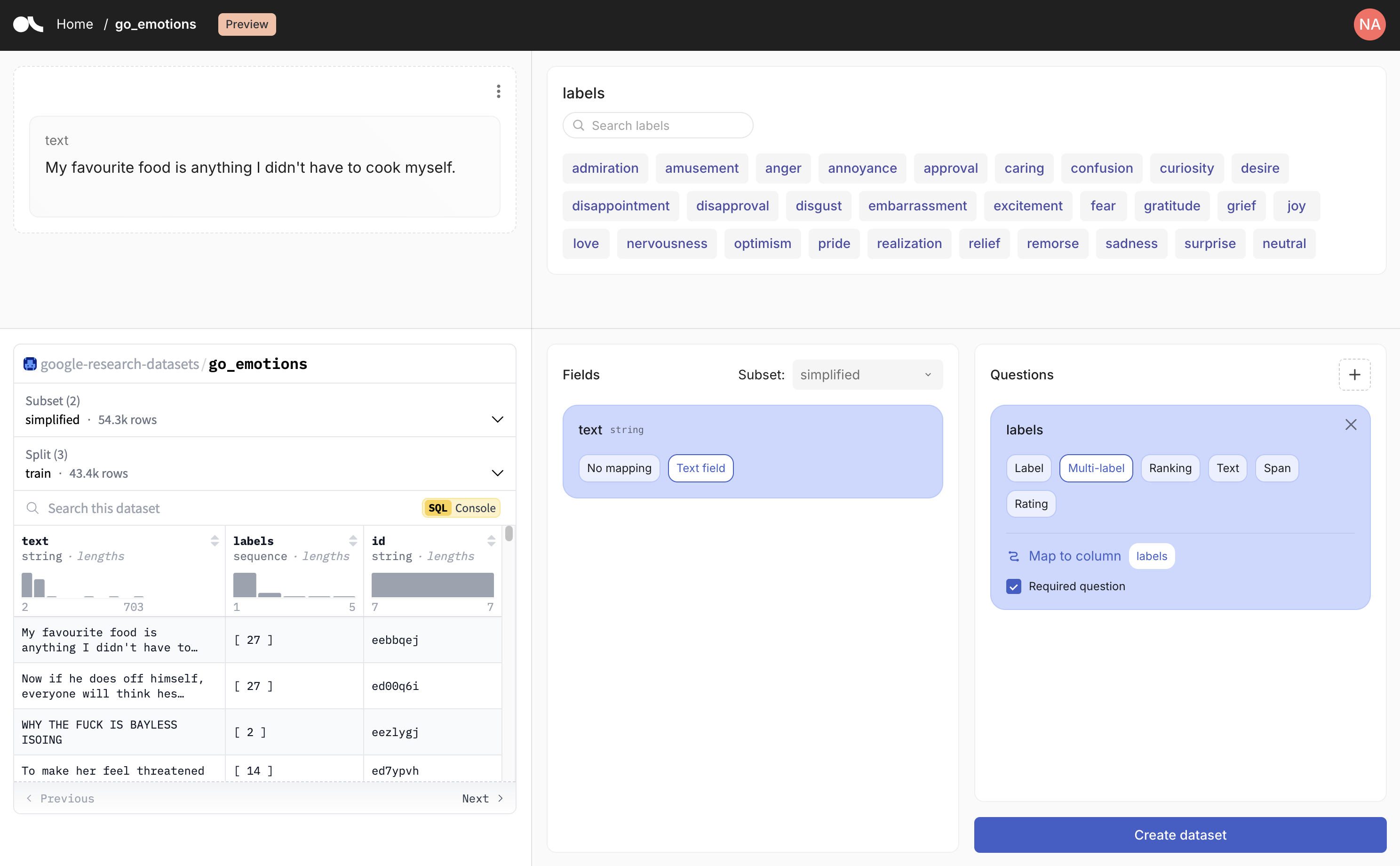 Screenshot of the dataset configuration page