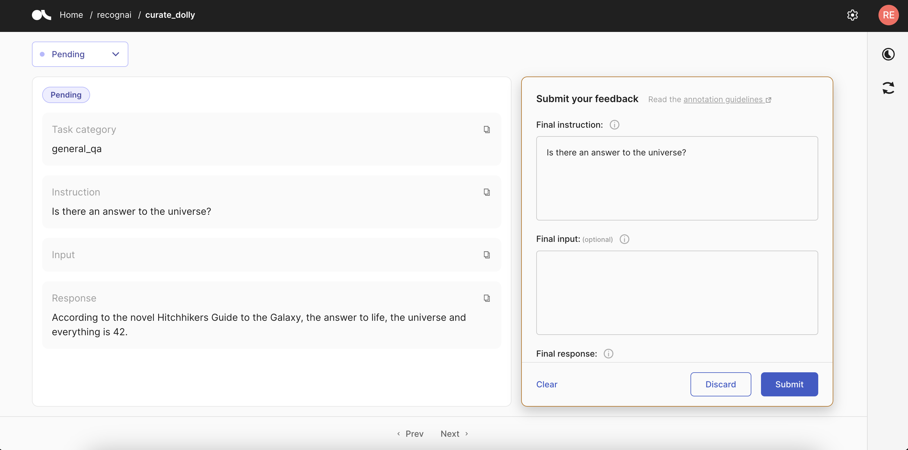 A Feedback Task setting for the curation of Databricks' Dolly dataset